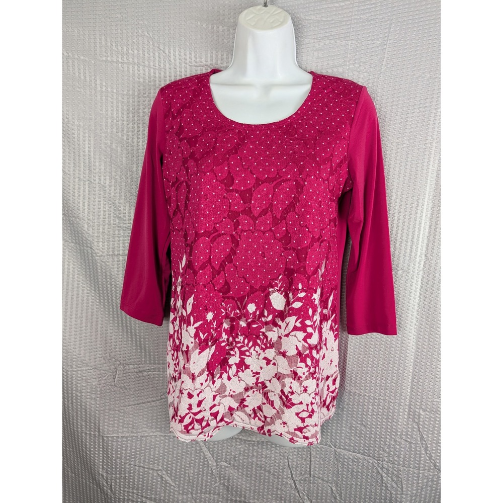 Susan Graver Magenta Pink Lace Overlay Floral Dot Women XXS 3/4 Sleeve Blouse